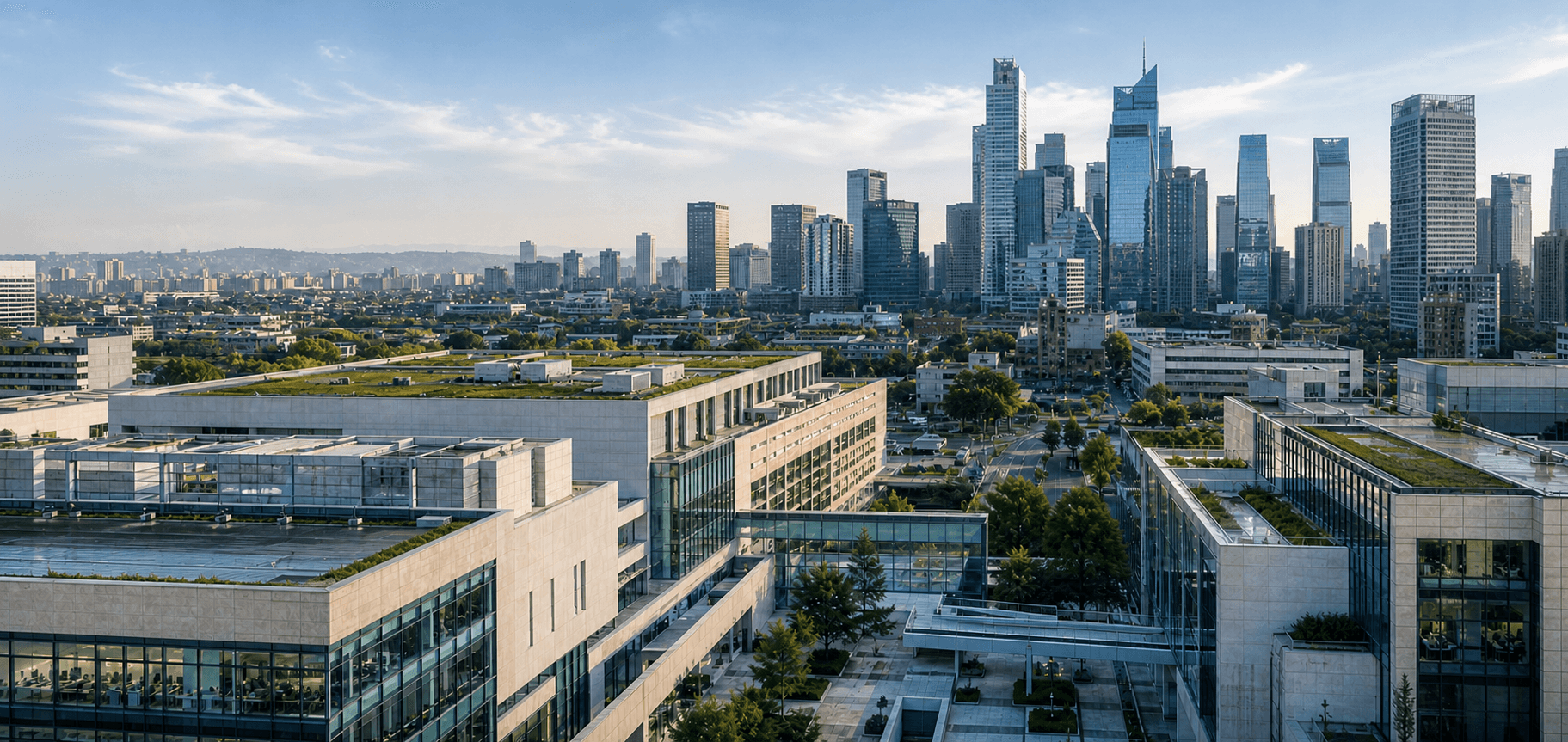 Illustrative image of low-rise buildings with planted roofs in front of a city skyline