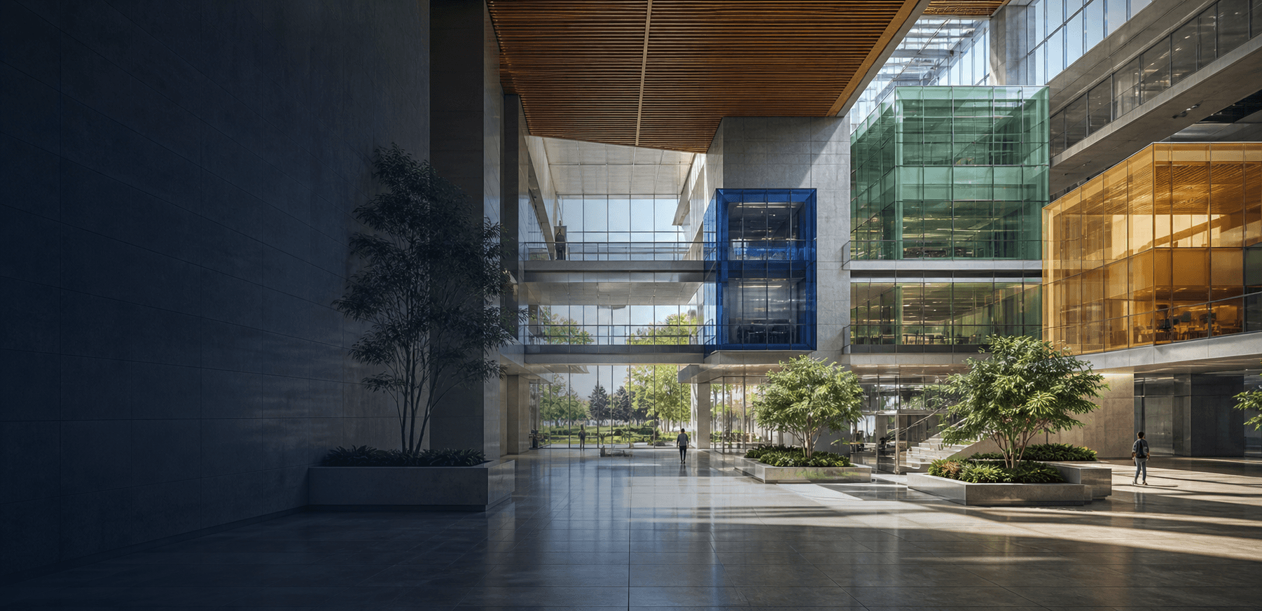 Illustrative image of an atrium with blue, green and amber glass-fronted floors and indoor trees