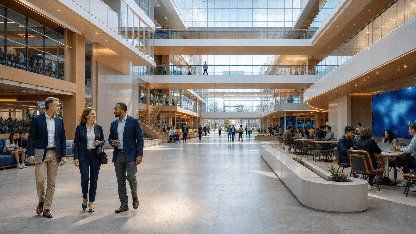 Illustrative scene of people walking and sitting at tables in a multi-level atrium