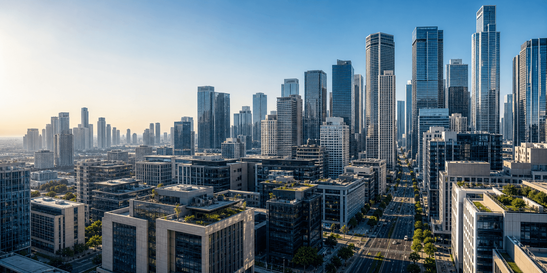 Illustrative image of a city skyline of high-rise towers above a tree-lined street