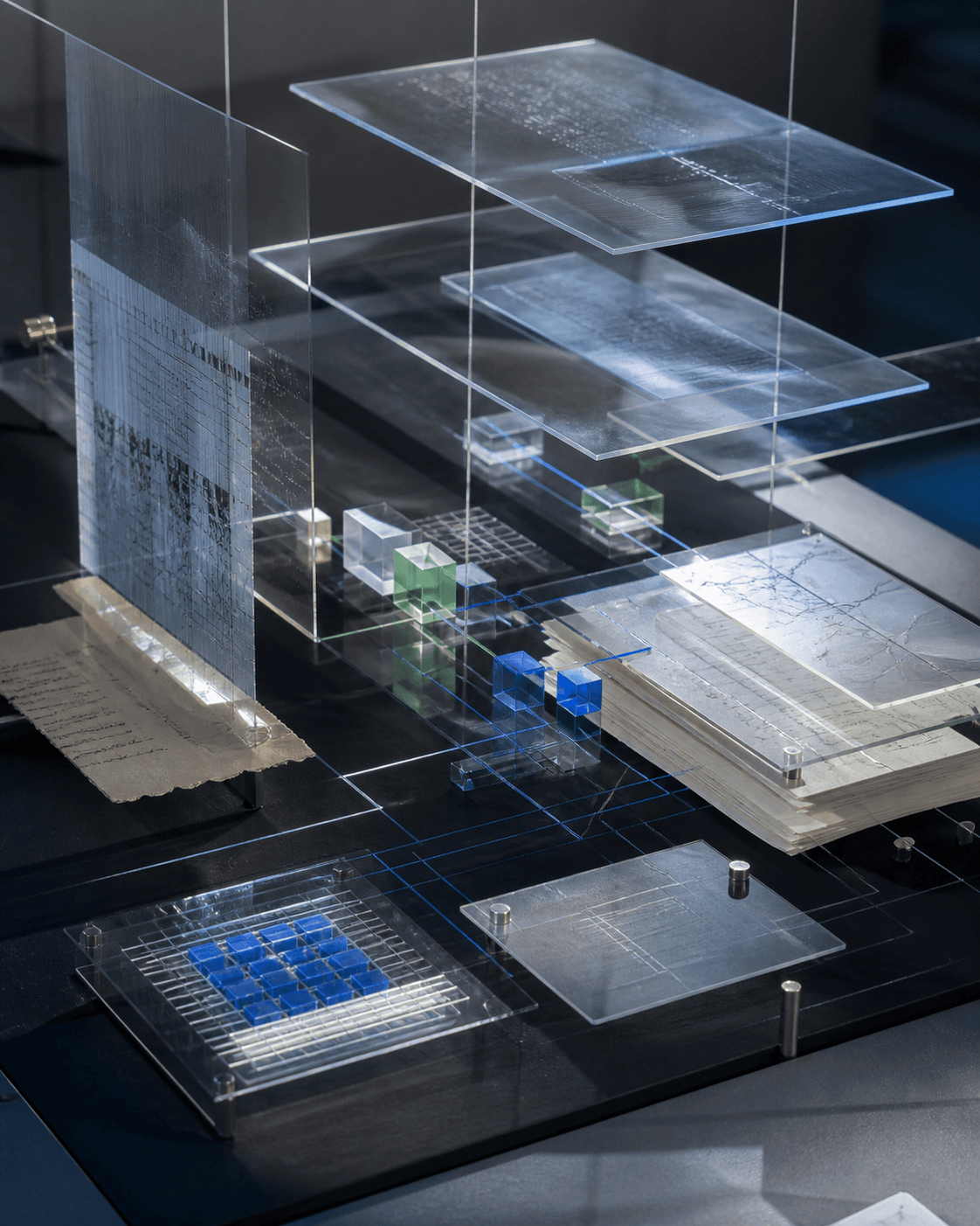 Illustrative image of handwritten papers, glass panels and small blue and green blocks on a table