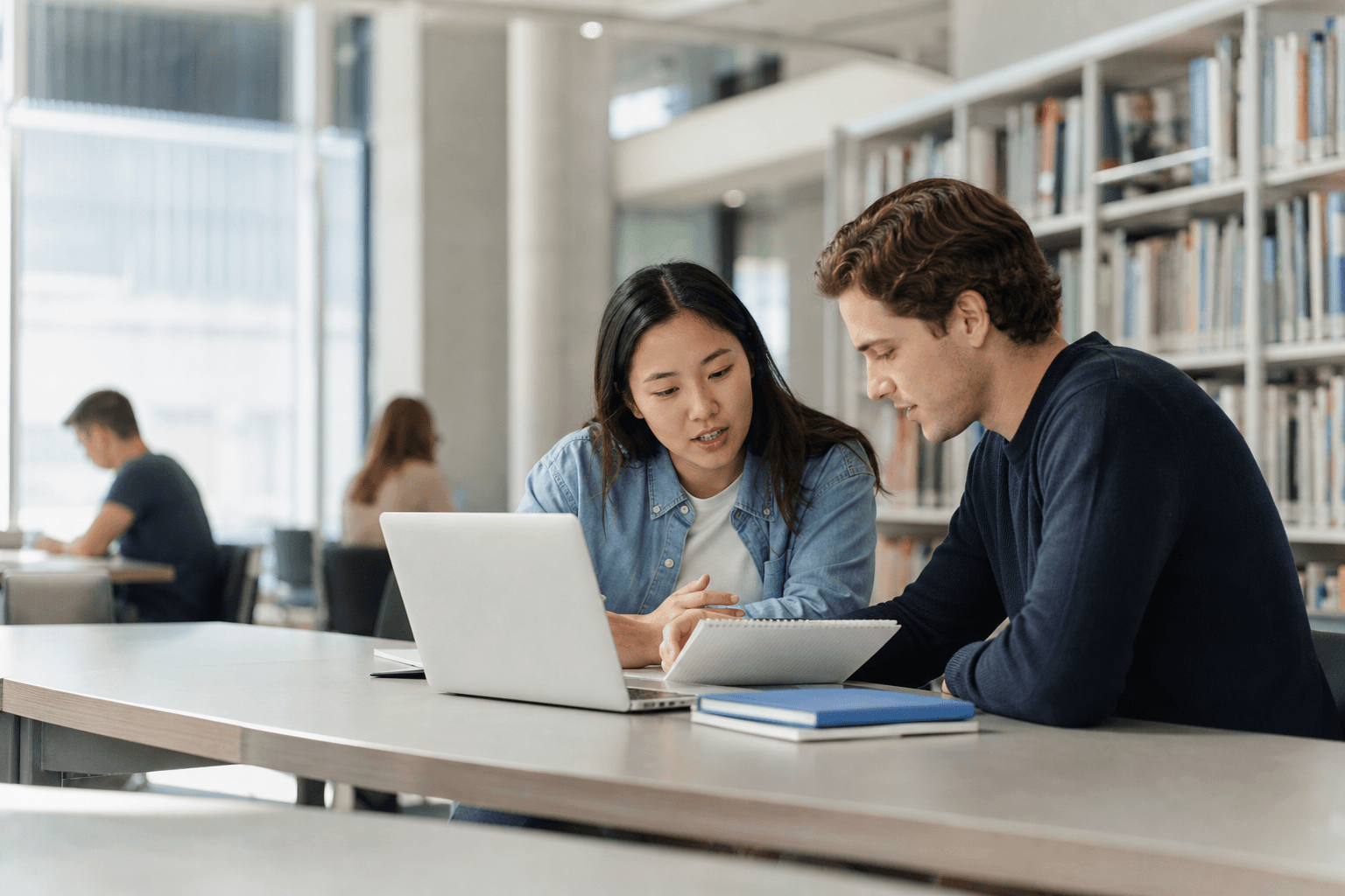 Illustrative scene of two students working together on a laptop in a university library